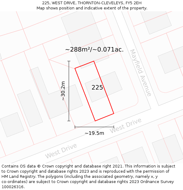 225, WEST DRIVE, THORNTON-CLEVELEYS, FY5 2EH: Plot and title map