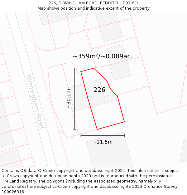 226, BIRMINGHAM ROAD, REDDITCH, B97 6EL: Plot and title map