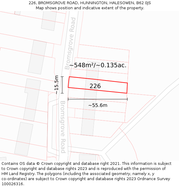 226, BROMSGROVE ROAD, HUNNINGTON, HALESOWEN, B62 0JS: Plot and title map