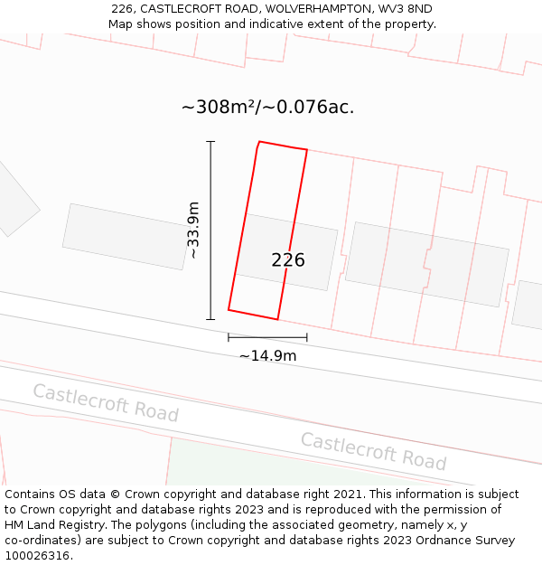 226, CASTLECROFT ROAD, WOLVERHAMPTON, WV3 8ND: Plot and title map