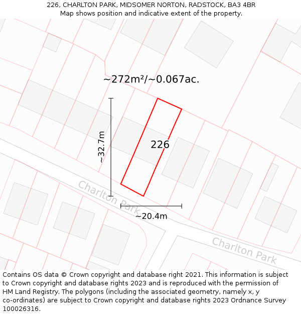 226, CHARLTON PARK, MIDSOMER NORTON, RADSTOCK, BA3 4BR: Plot and title map