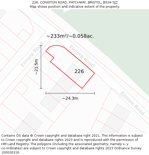 226, CONISTON ROAD, PATCHWAY, BRISTOL, BS34 5JZ: Plot and title map