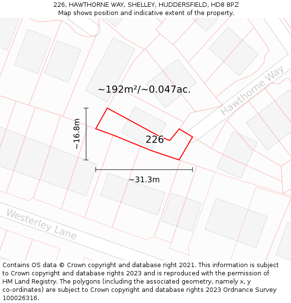 226, HAWTHORNE WAY, SHELLEY, HUDDERSFIELD, HD8 8PZ: Plot and title map