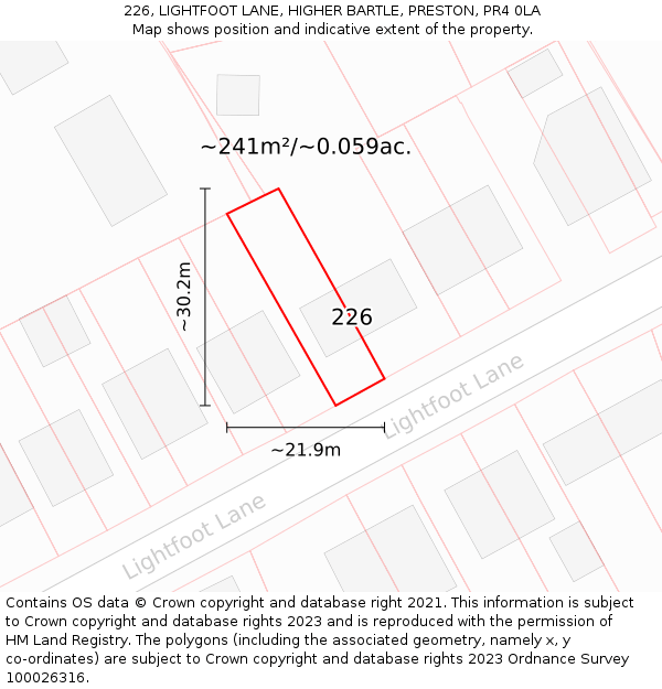 226, LIGHTFOOT LANE, HIGHER BARTLE, PRESTON, PR4 0LA: Plot and title map