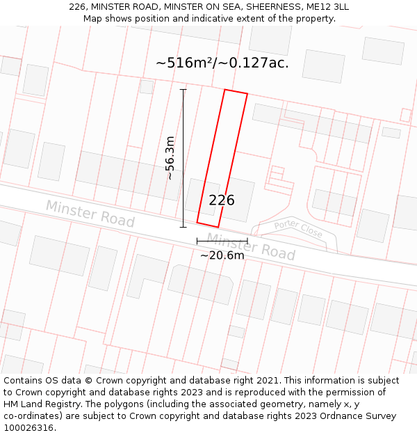 226, MINSTER ROAD, MINSTER ON SEA, SHEERNESS, ME12 3LL: Plot and title map