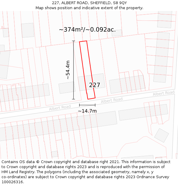 227, ALBERT ROAD, SHEFFIELD, S8 9QY: Plot and title map