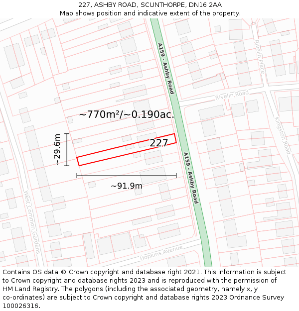227, ASHBY ROAD, SCUNTHORPE, DN16 2AA: Plot and title map