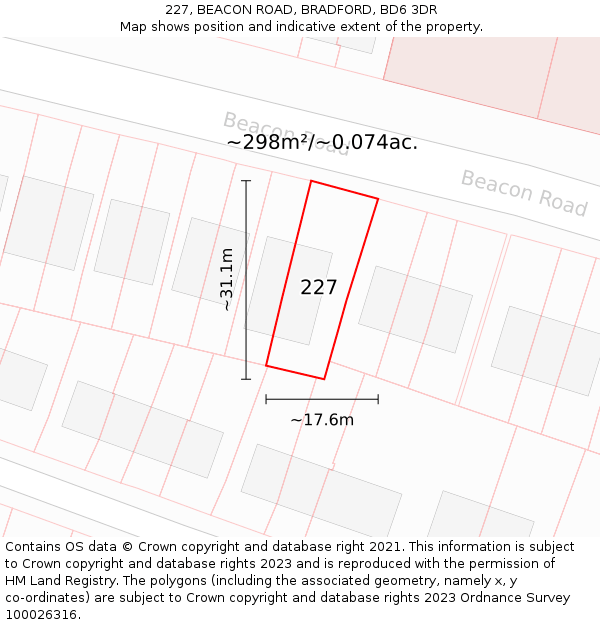 227, BEACON ROAD, BRADFORD, BD6 3DR: Plot and title map