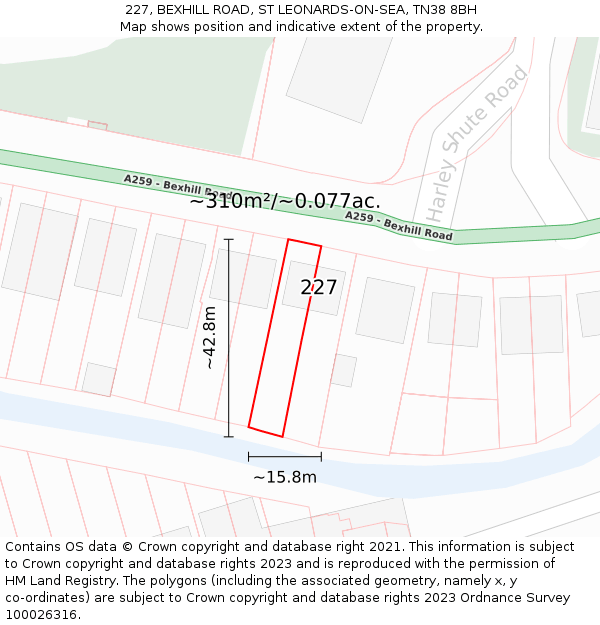 227, BEXHILL ROAD, ST LEONARDS-ON-SEA, TN38 8BH: Plot and title map