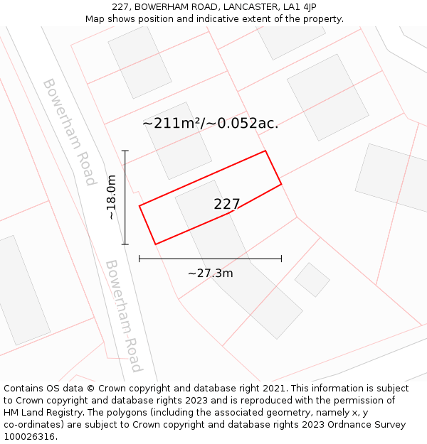 227, BOWERHAM ROAD, LANCASTER, LA1 4JP: Plot and title map