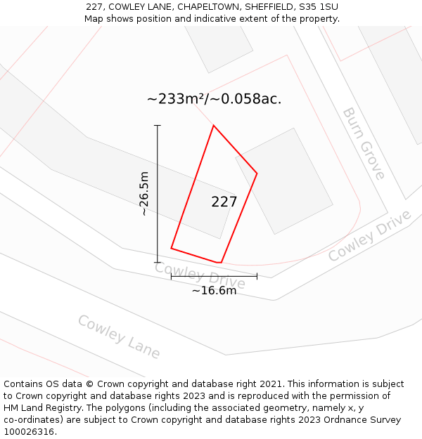227, COWLEY LANE, CHAPELTOWN, SHEFFIELD, S35 1SU: Plot and title map