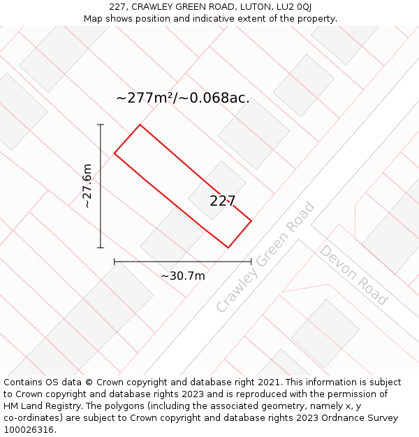 227, CRAWLEY GREEN ROAD, LUTON, LU2 0QJ: Plot and title map