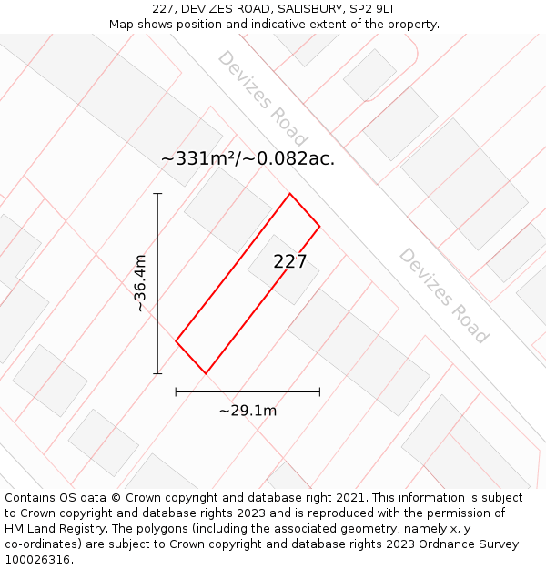 227, DEVIZES ROAD, SALISBURY, SP2 9LT: Plot and title map