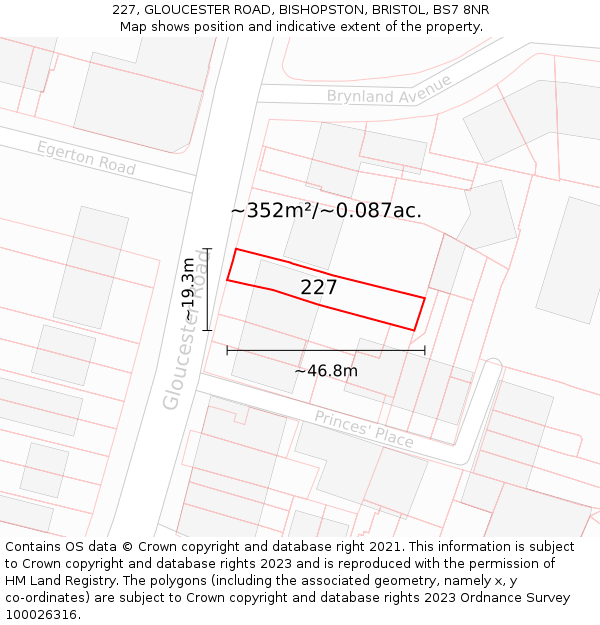 227, GLOUCESTER ROAD, BISHOPSTON, BRISTOL, BS7 8NR: Plot and title map