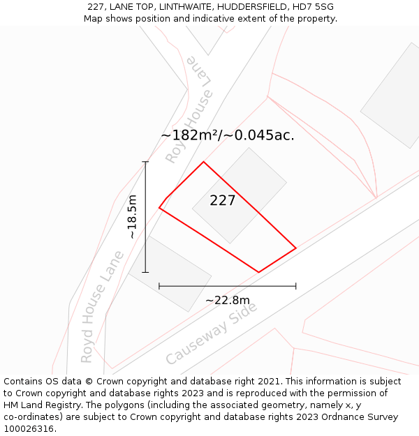 227, LANE TOP, LINTHWAITE, HUDDERSFIELD, HD7 5SG: Plot and title map