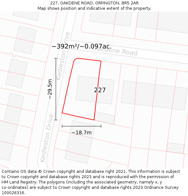 227, OAKDENE ROAD, ORPINGTON, BR5 2AR: Plot and title map