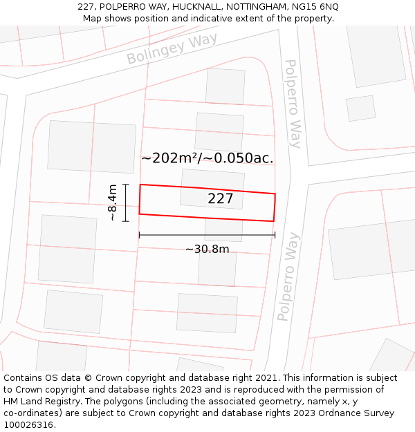 227, POLPERRO WAY, HUCKNALL, NOTTINGHAM, NG15 6NQ: Plot and title map