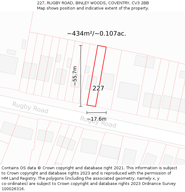 227, RUGBY ROAD, BINLEY WOODS, COVENTRY, CV3 2BB: Plot and title map