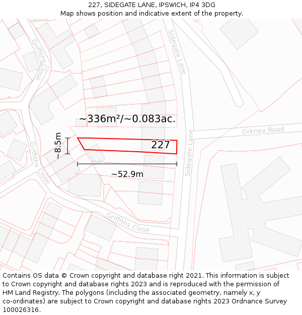 227, SIDEGATE LANE, IPSWICH, IP4 3DG: Plot and title map