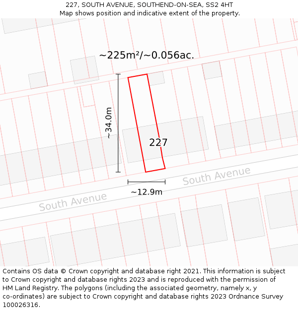 227, SOUTH AVENUE, SOUTHEND-ON-SEA, SS2 4HT: Plot and title map