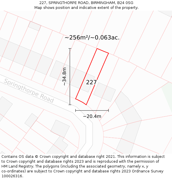 227, SPRINGTHORPE ROAD, BIRMINGHAM, B24 0SG: Plot and title map