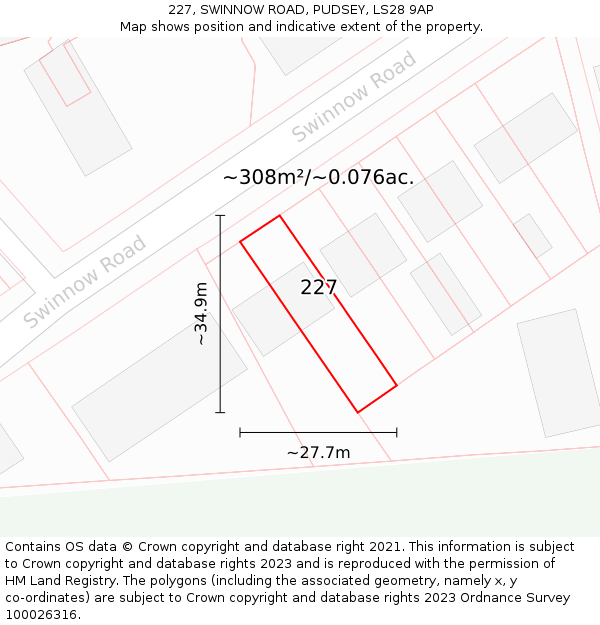 227, SWINNOW ROAD, PUDSEY, LS28 9AP: Plot and title map