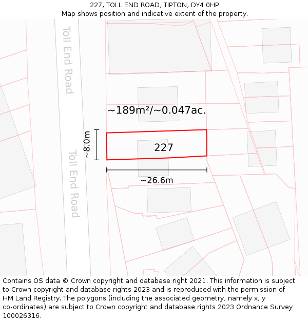 227, TOLL END ROAD, TIPTON, DY4 0HP: Plot and title map