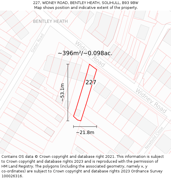227, WIDNEY ROAD, BENTLEY HEATH, SOLIHULL, B93 9BW: Plot and title map