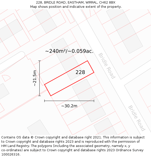 228, BRIDLE ROAD, EASTHAM, WIRRAL, CH62 8BX: Plot and title map