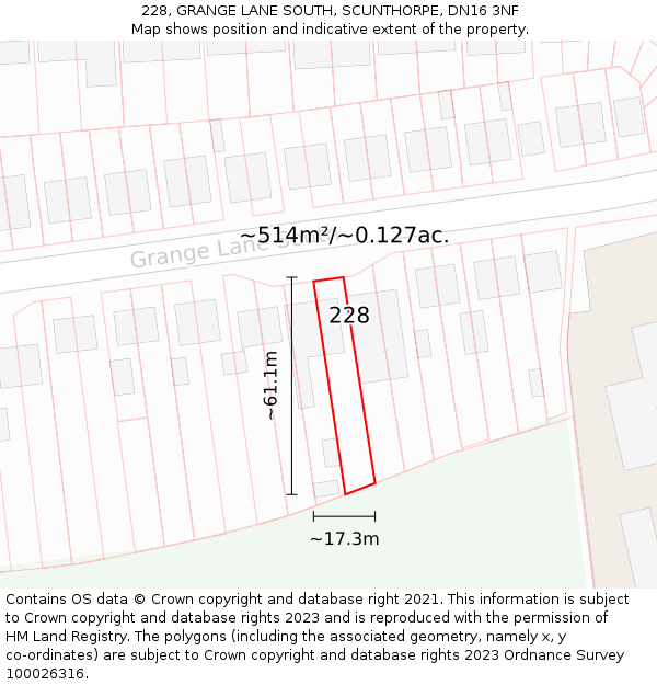 228, GRANGE LANE SOUTH, SCUNTHORPE, DN16 3NF: Plot and title map