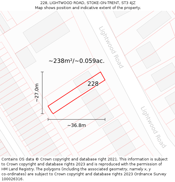 228, LIGHTWOOD ROAD, STOKE-ON-TRENT, ST3 4JZ: Plot and title map
