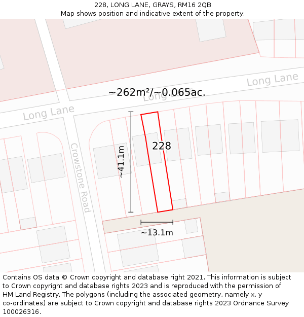 228, LONG LANE, GRAYS, RM16 2QB: Plot and title map