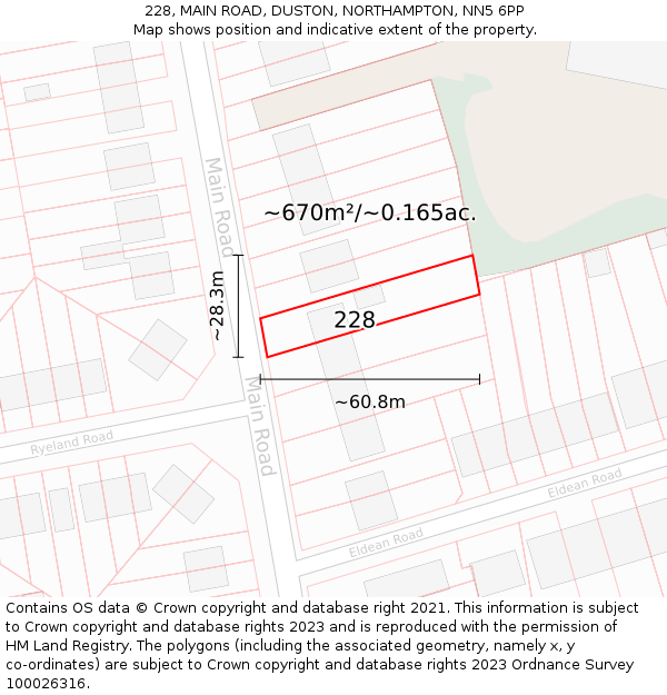 228, MAIN ROAD, DUSTON, NORTHAMPTON, NN5 6PP: Plot and title map