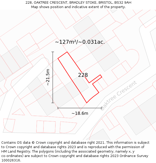 228, OAKTREE CRESCENT, BRADLEY STOKE, BRISTOL, BS32 9AH: Plot and title map