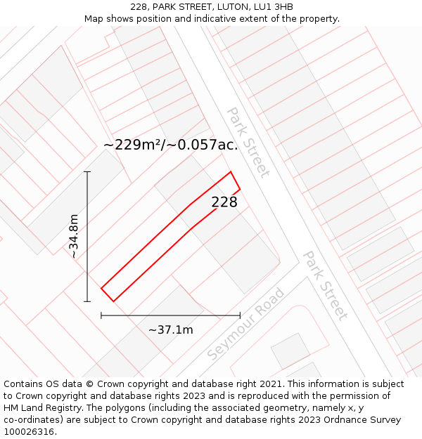 228, PARK STREET, LUTON, LU1 3HB: Plot and title map