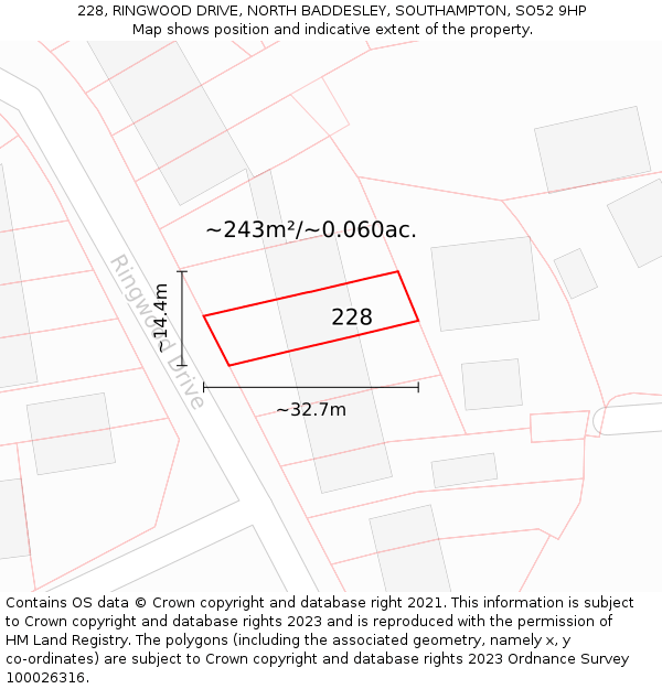 228, RINGWOOD DRIVE, NORTH BADDESLEY, SOUTHAMPTON, SO52 9HP: Plot and title map