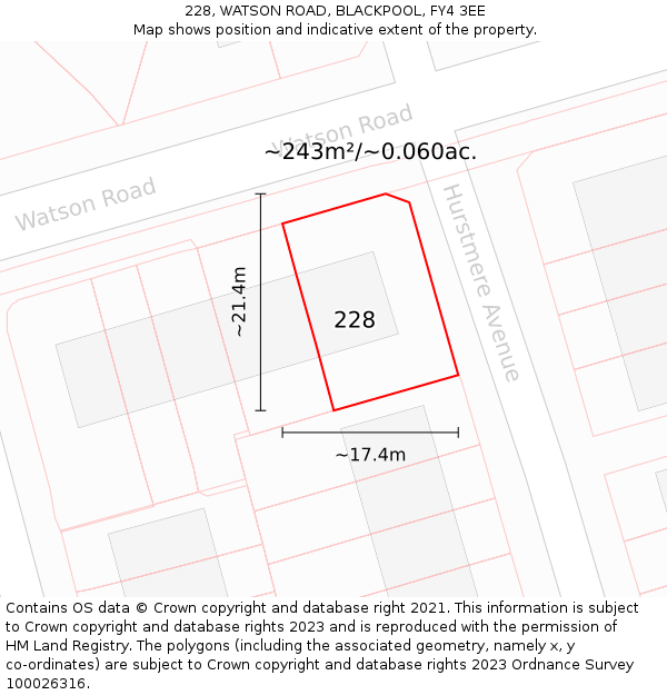 228, WATSON ROAD, BLACKPOOL, FY4 3EE: Plot and title map