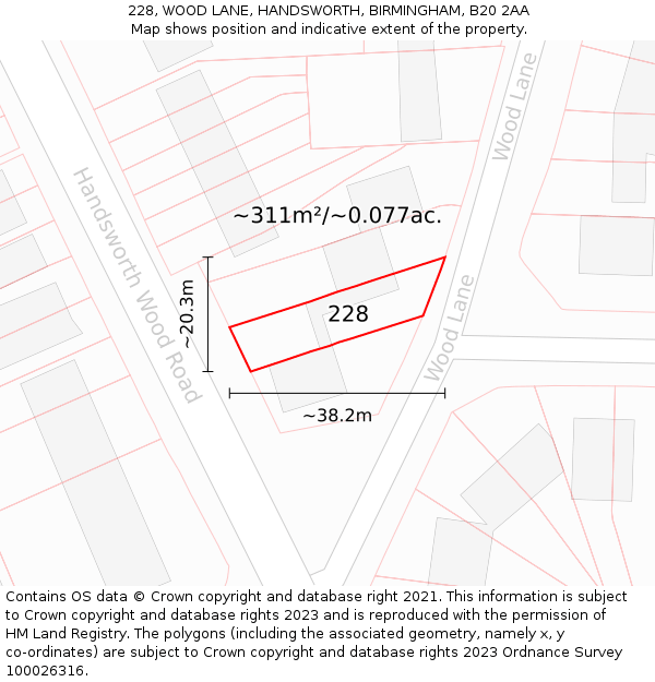 228, WOOD LANE, HANDSWORTH, BIRMINGHAM, B20 2AA: Plot and title map