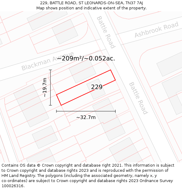 229, BATTLE ROAD, ST LEONARDS-ON-SEA, TN37 7AJ: Plot and title map