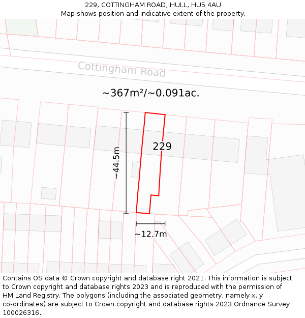 229, COTTINGHAM ROAD, HULL, HU5 4AU: Plot and title map