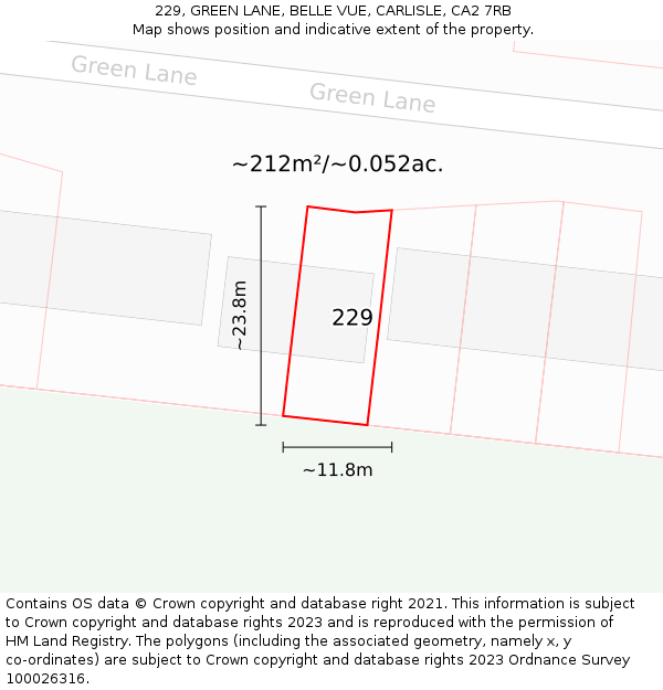 229, GREEN LANE, BELLE VUE, CARLISLE, CA2 7RB: Plot and title map