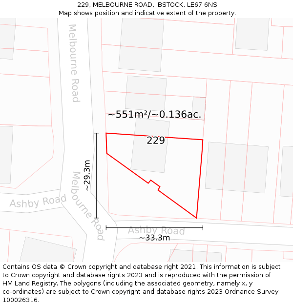 229, MELBOURNE ROAD, IBSTOCK, LE67 6NS: Plot and title map