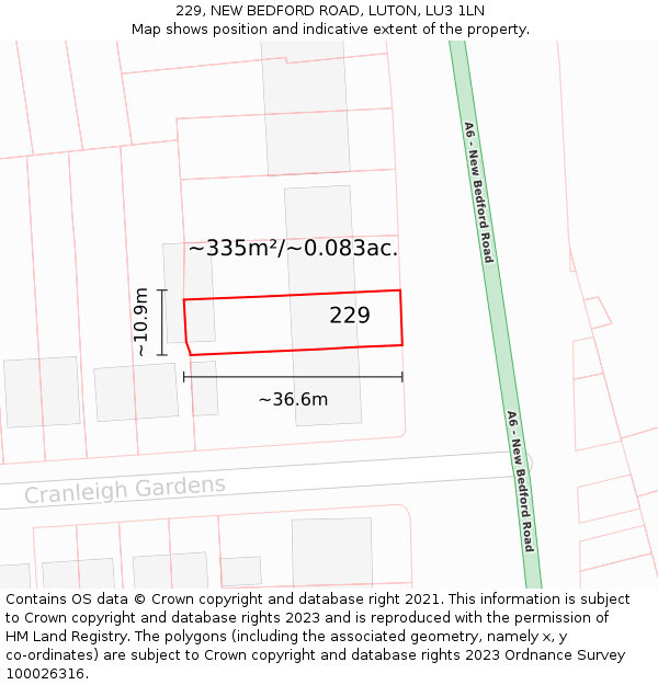 229, NEW BEDFORD ROAD, LUTON, LU3 1LN: Plot and title map