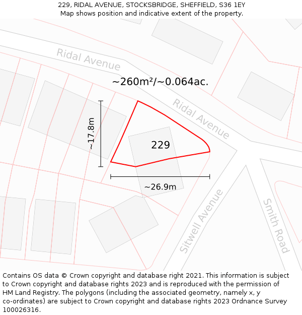 229, RIDAL AVENUE, STOCKSBRIDGE, SHEFFIELD, S36 1EY: Plot and title map