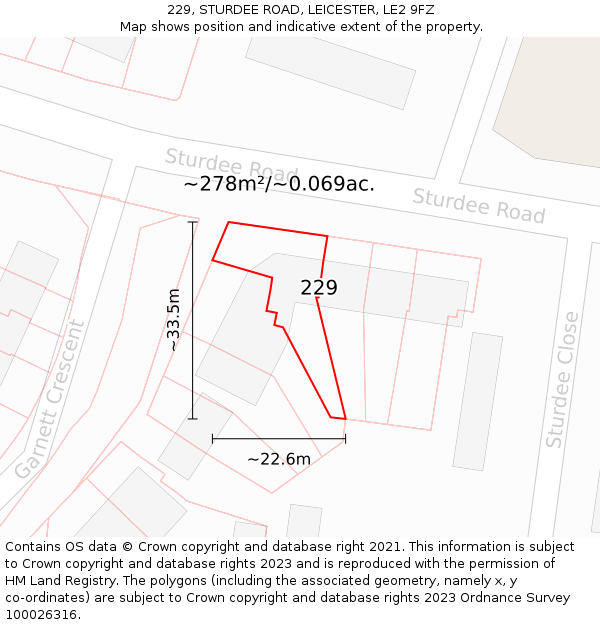 229, STURDEE ROAD, LEICESTER, LE2 9FZ: Plot and title map