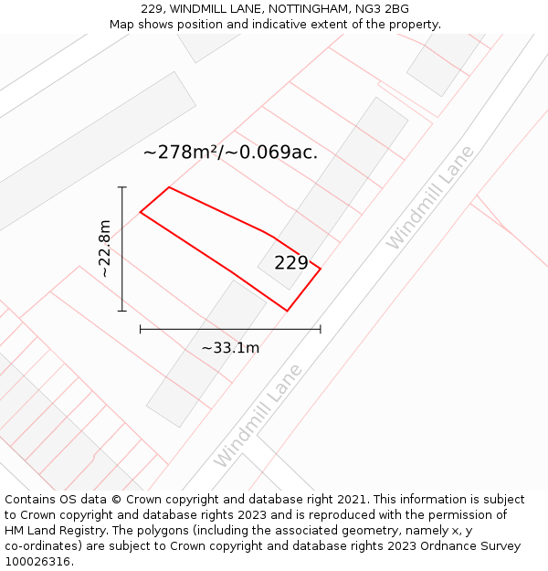 229, WINDMILL LANE, NOTTINGHAM, NG3 2BG: Plot and title map