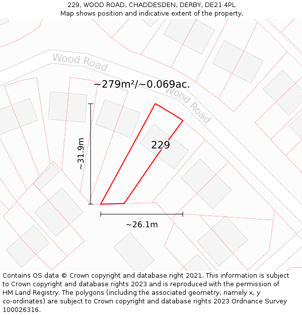 229, WOOD ROAD, CHADDESDEN, DERBY, DE21 4PL: Plot and title map