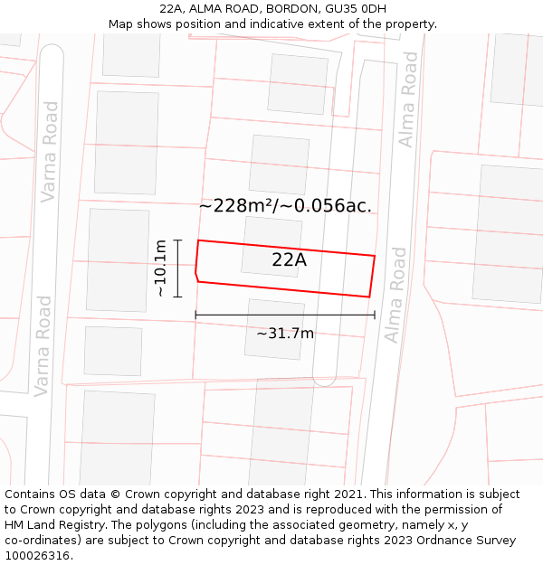22A, ALMA ROAD, BORDON, GU35 0DH: Plot and title map