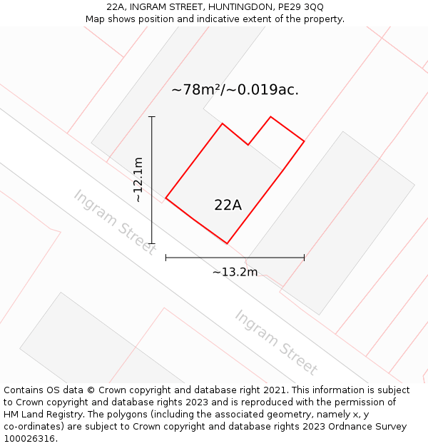 22A, INGRAM STREET, HUNTINGDON, PE29 3QQ: Plot and title map