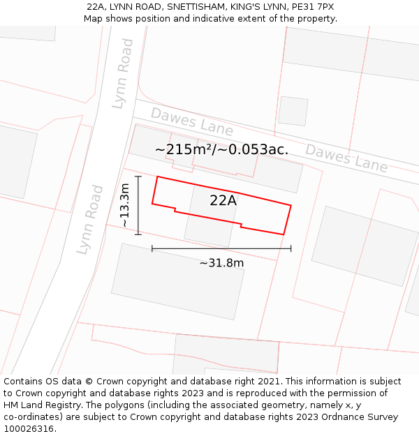 22A, LYNN ROAD, SNETTISHAM, KING'S LYNN, PE31 7PX: Plot and title map